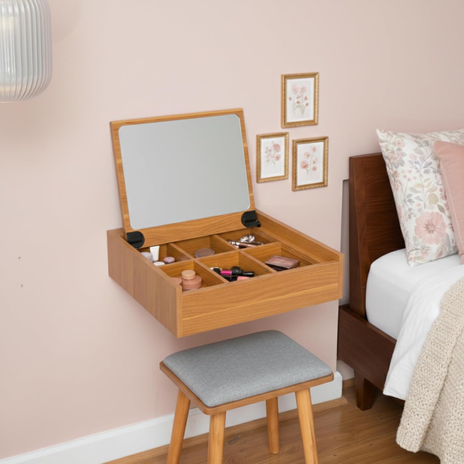 Sleekform Small Vanity Desk Dressing Table with Mirror & Chair - 18x20 Floating Vanity Makeup Table for Small Spaces, Wall Mounted Compact Make Up Tables with Flip Up Top, Nightstand Bedroom Vanities