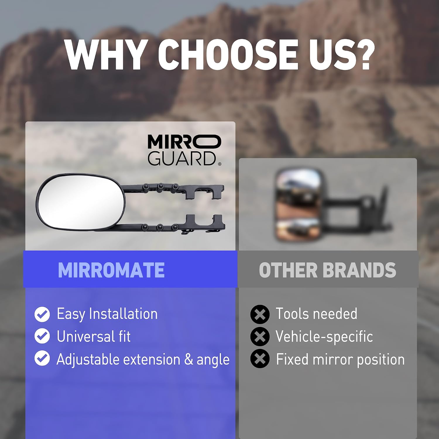MirroMate Extended Towing Mirrors, Adjustable Clip-On Tow Mirror Extenders with Removable Flexible Extension Arm, Tool-Free Side Mirror Extensions for Trucks, SUVs, RVs, and Trailers