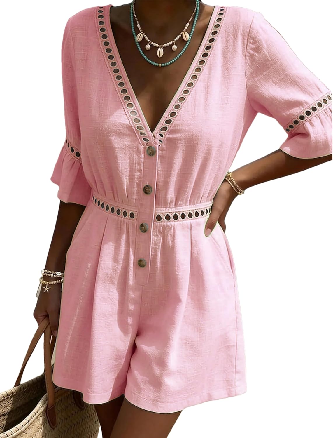 Bozanly Womens Summer V Neck Short Rompers Short Sleeve Lace Crochet Jumpsuits with Pockets