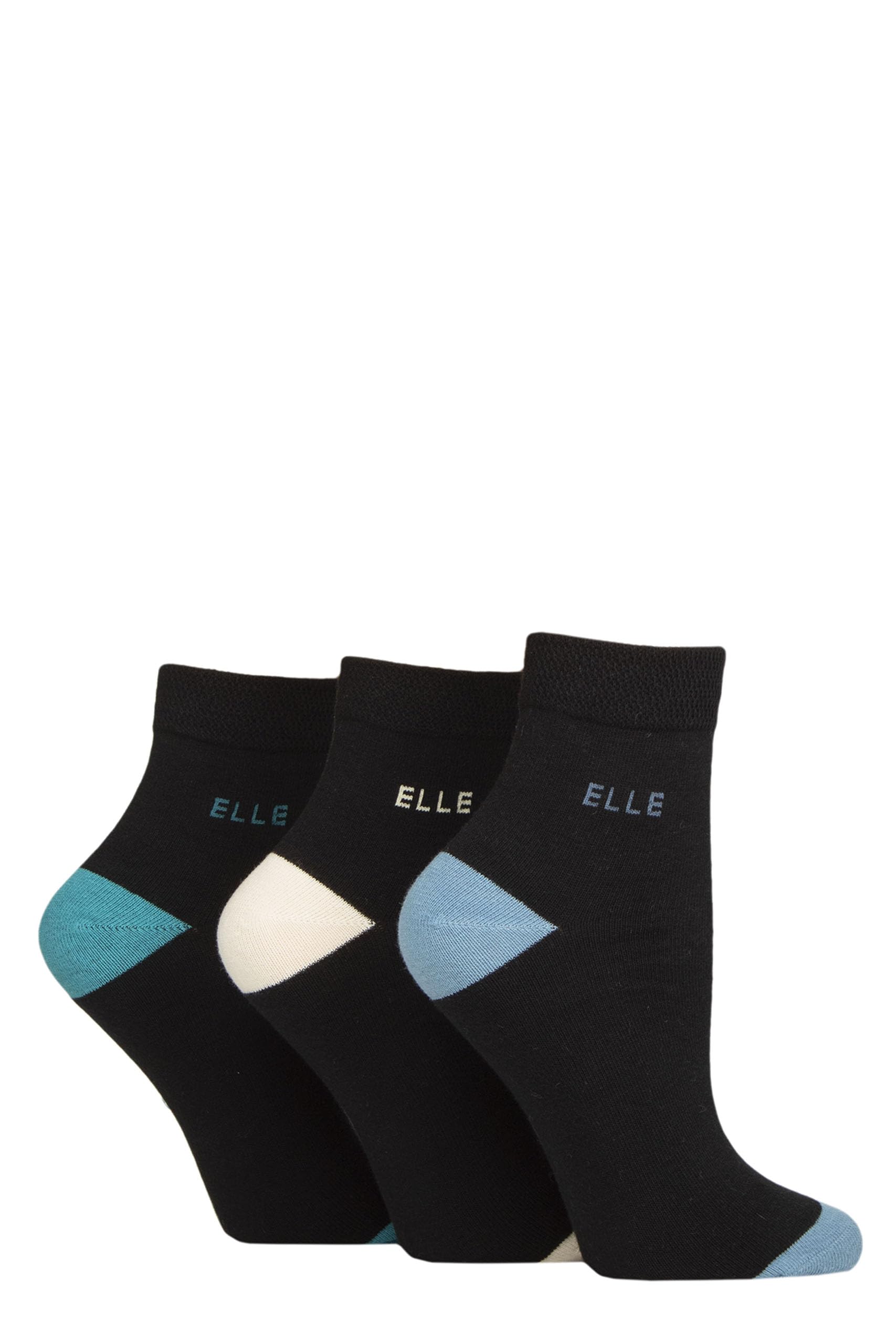 ELLE Ladies Cotton Anklet Socks - Soft, Short, Plain, Striped & Patterned with Hand Linked Toes Multipack of 3 Size 4-8 (UK, Numeric, 4, 8, Regular, Regular, Black/Blue Contrast)