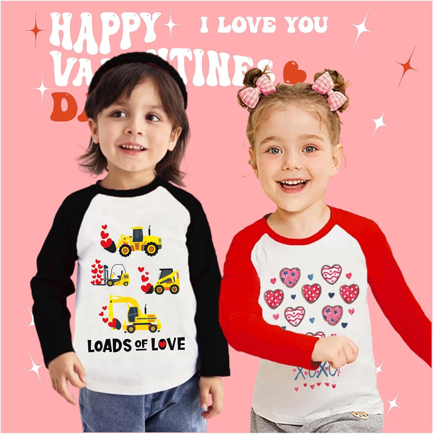 Tkria Boys Girls Valentine Shirts Raglan Long Sleeve Monster Truck Dinosaur Candy Love Heart Tops for Kids 2-10T