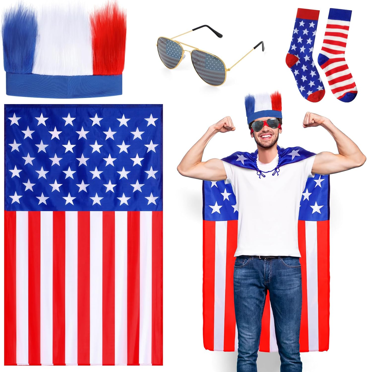 Mepase 4 Pcs 250th Anniversary 4th of July American Flag Costume Patriotic Cape Headband Socks USA Sunglasses Accessories for Men Independence Day Party