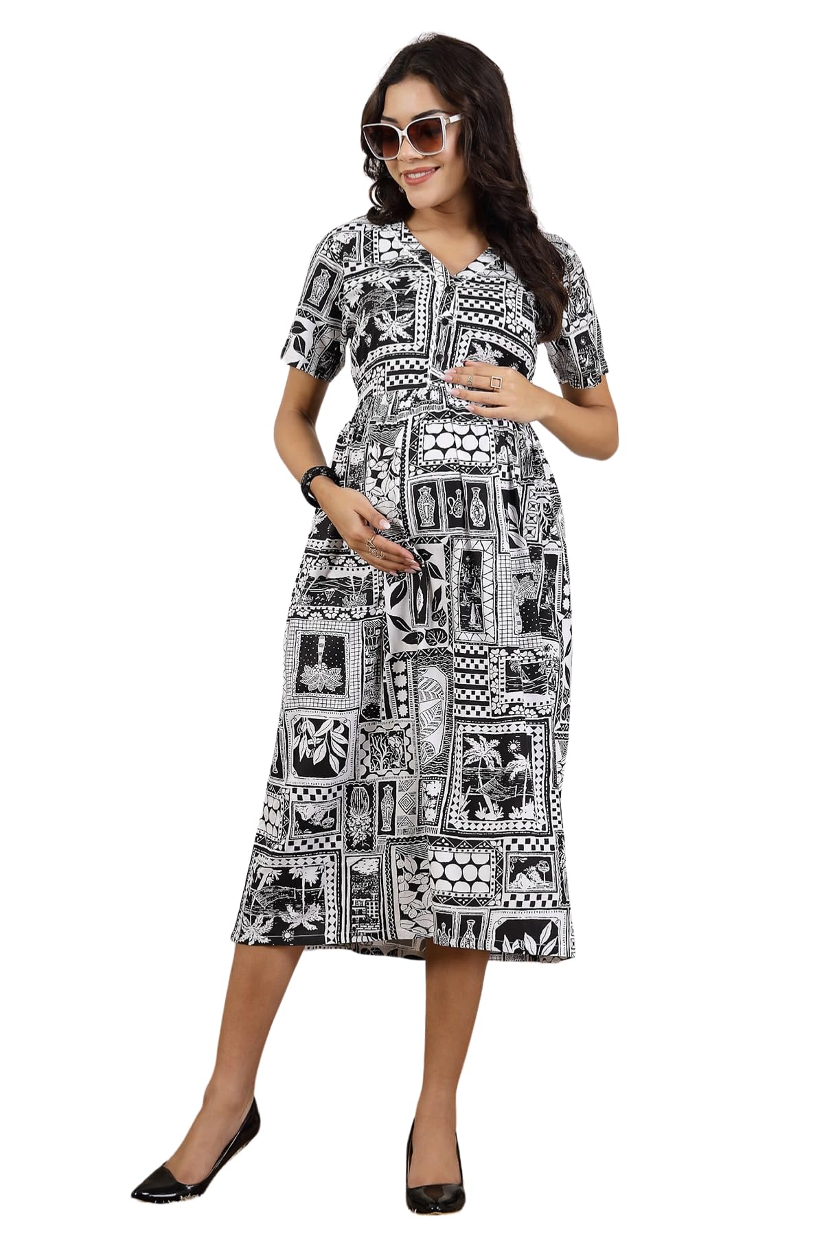 ZELENA Maternity Zipless Feeding Dress for Women | 100% Rayon Pre & Post Pregnancy Floral Printed Dress for Pregnant Woman | Nursing Dress for Easy Breastfeeding with Pockets for Mothers-image-32