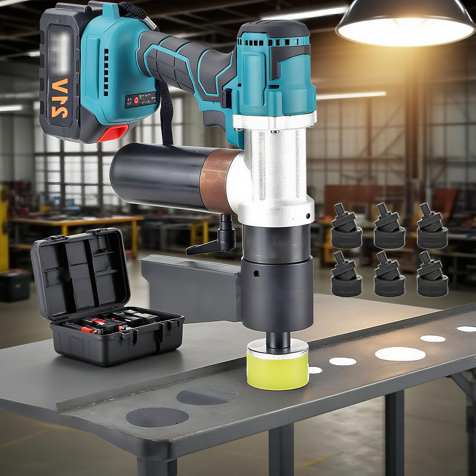 Zestaw narzędzi hydraulicznych do dziurkowania – elektryczny dziurkacz z 2 bateriami i 6 matrycami (16-32 mm), gardło 150 mm do szybkiego wykrawania otworów w stalowych płytkach i przewodach