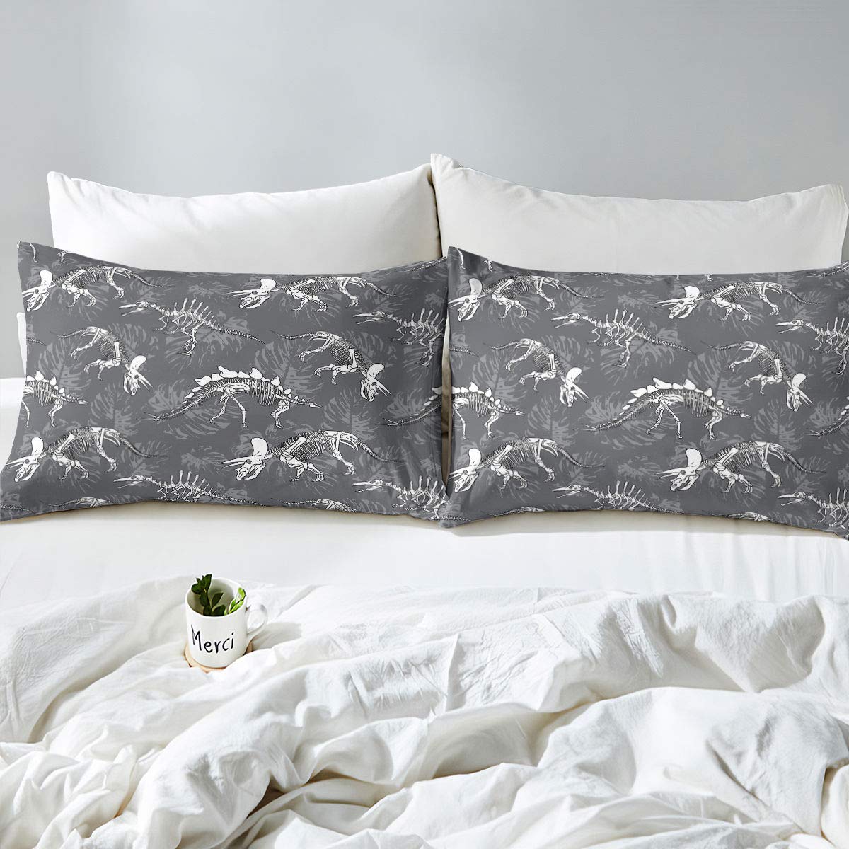 Homewish Dinosaur Duvet Cover Set Dinos Fossil Skull Bed Sets For Kids Teen Boys Young Man Bedding Set Child Room Decor Ancient Animals Skeleton Bones Quilt Cover 3Pcs King Size Grey - Image 3