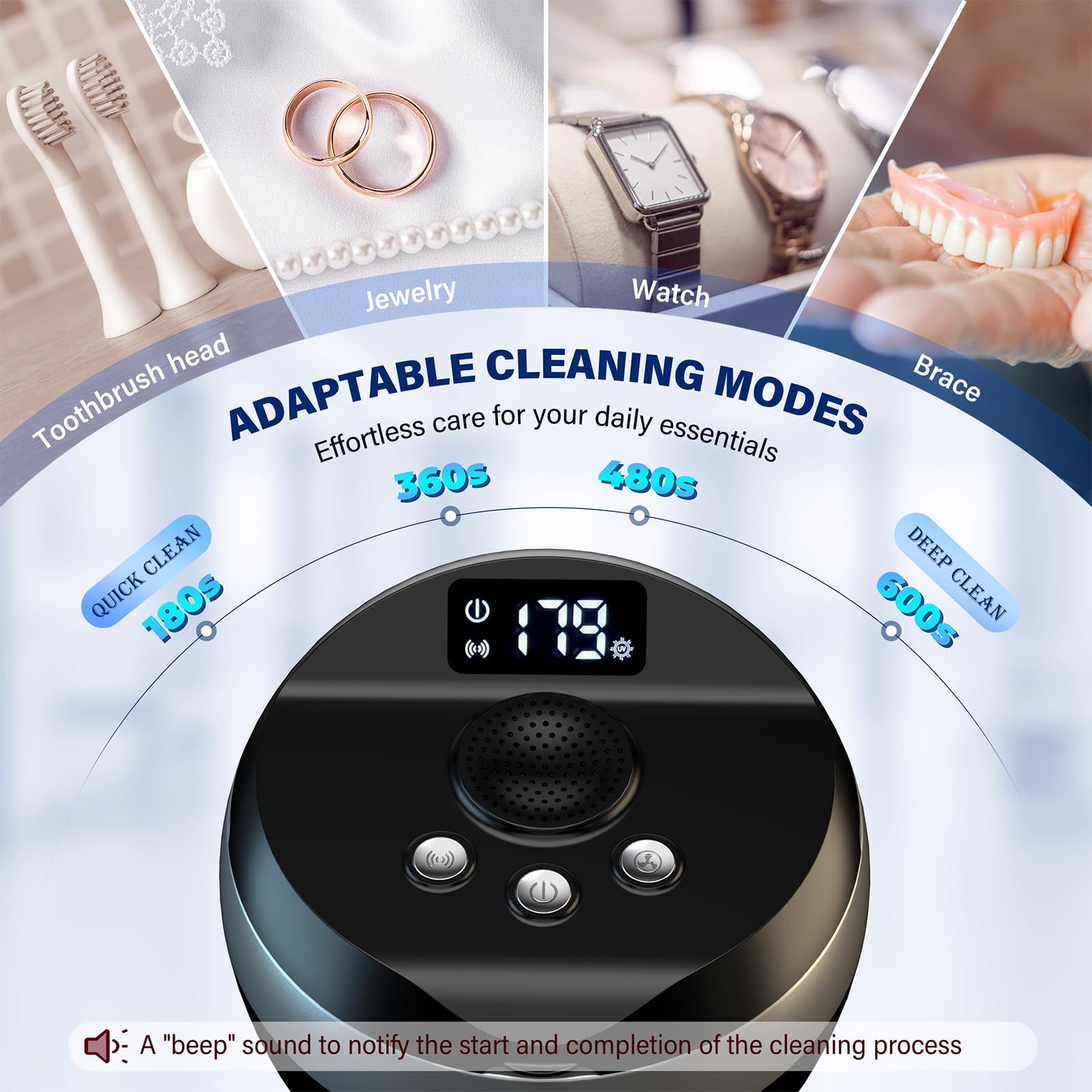 Limpiador ultrasónico de retención, limpiador de dentaduras postizas de 200 ml para protector bucal, alineador, soporte, protector nocturno y aparato dental con 4 modos, limpiador de joyas de 45 kHz