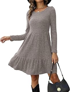 QUNERY Women's Knit Sweater Dress Crewneck Fit and Flare Sweater Dress Pullover Long Sleeve Winter Dresses for Women