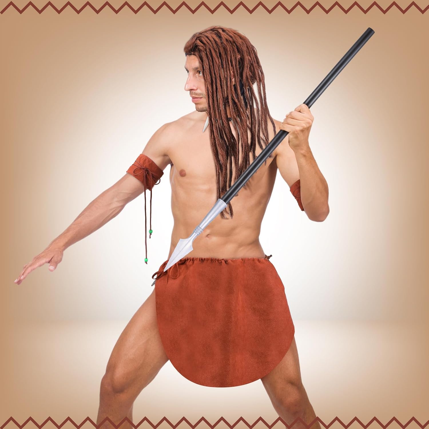 Maiteenly 6 Pcs Caveman Costume Men with Wig Spear Necklace for Halloween