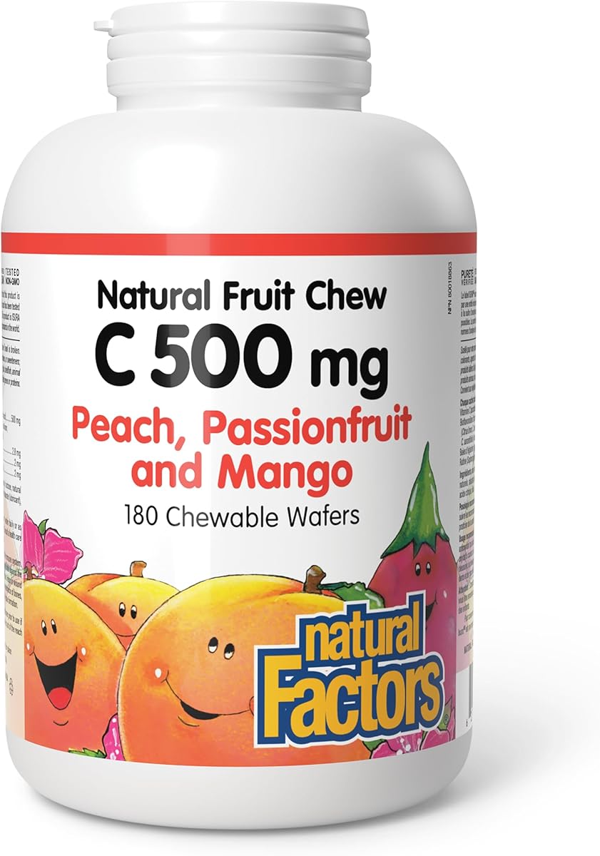 Natural Factors Vitamin C 500 mg 100% Natural Fruit Chew, 180 Chewable Wafers, Peach, Passionfruit & Mango Flavour, Easy-to-Take, Vegan, Guten Free, Proudly Canadian