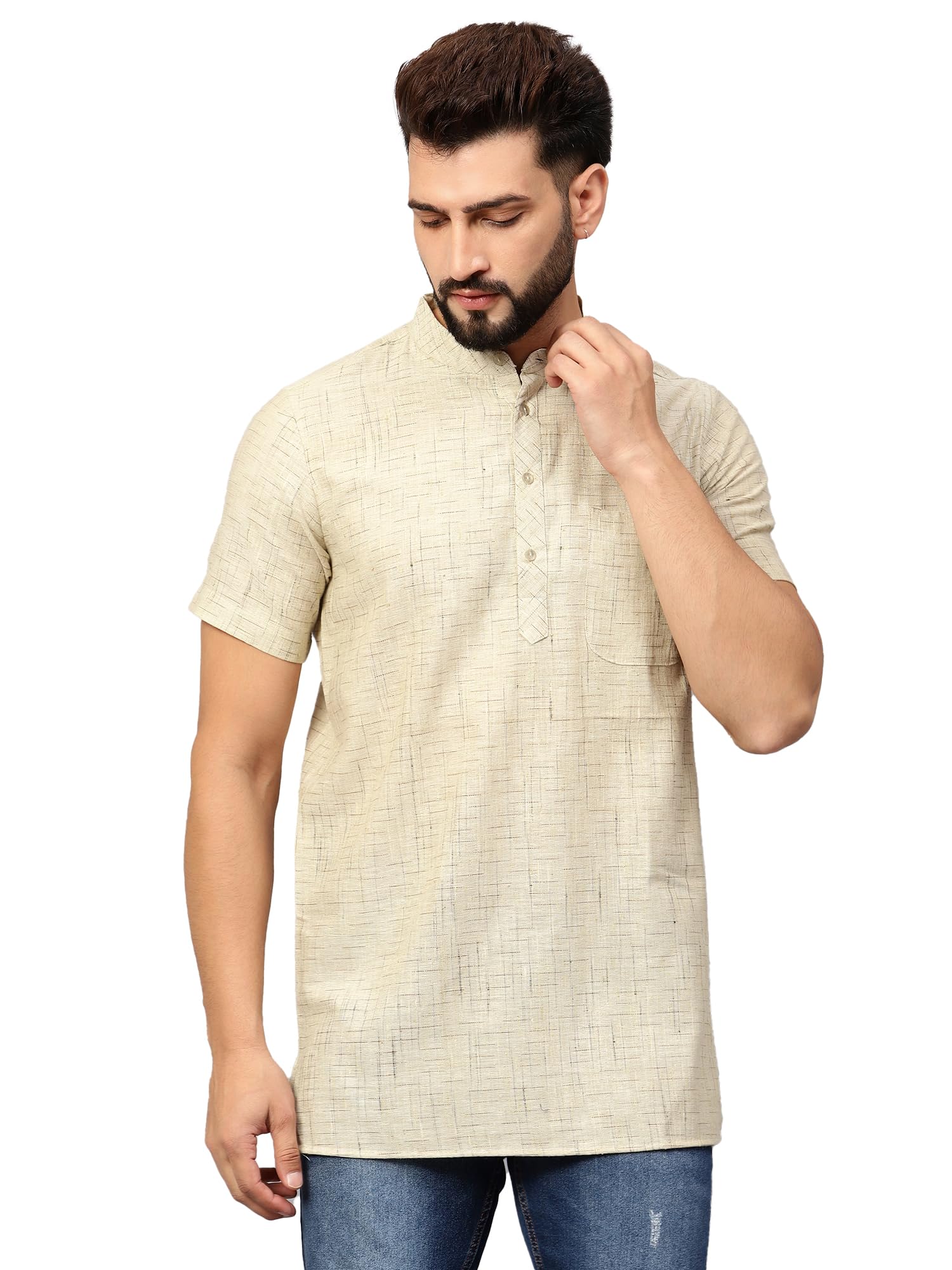 Latest Chikan Men's Cotton Regular Short Kurta Half Sleeves - Casual Ethnic Wear