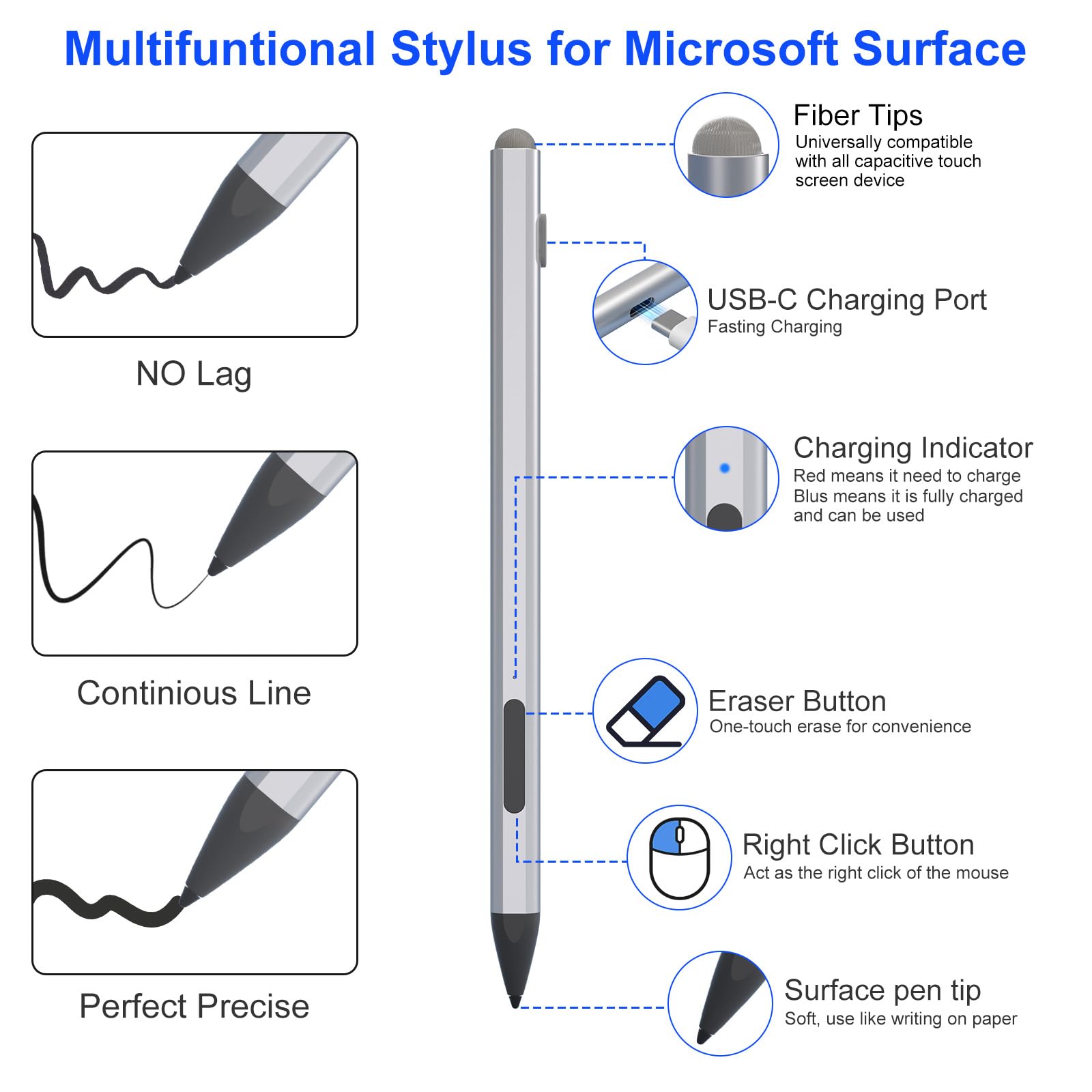 Microsoft Surface Pro Pencil - Lápiz óptico para Surface Pro 12/11/9/10/8/X/7/6/5/4/3 con 4 Puntas, 4096 Control más Fino, rechazo de la Palma de la Mano, Surface Stylus para Surface Go 3/Go 2/Boo