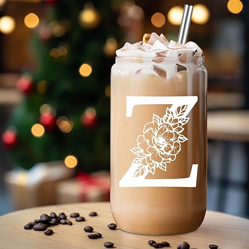 Miniatura 140 de Coolife Vaso de vidrio con inicial, regalos con monograma para mujer, tazas de vidrio de 16 onzas con tapas y pajitas, vaso de cerveza para batido