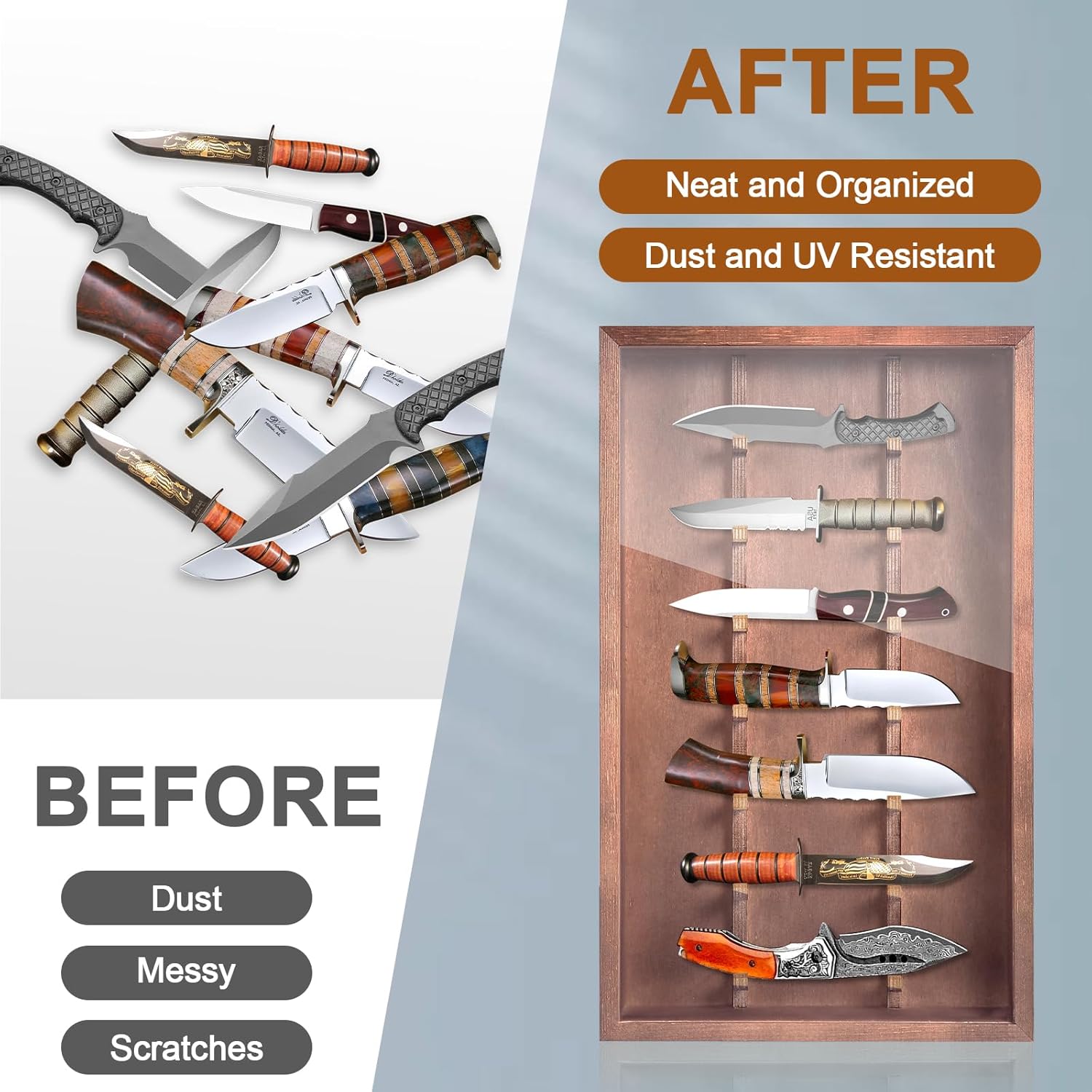 Triceratops Knife Display Case with Lockable Clear Acrylic Door, Wall Mount Wooden Knife Display Stand, Pocket Knife Display Cases for Storage, Collection, Holds up to 7 Knifes(Red Brown)