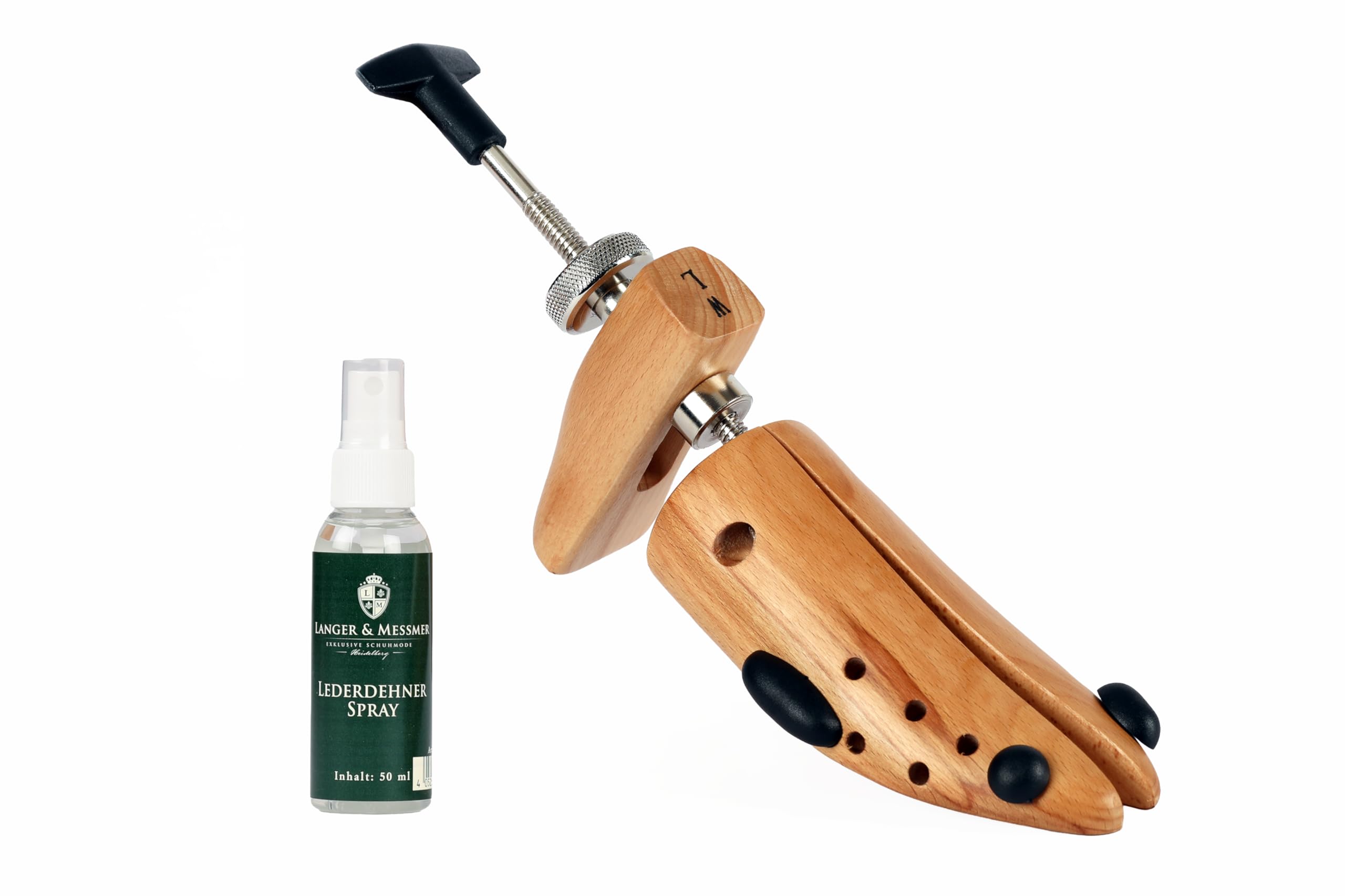 Langer & Messmer allunga scarpe da uomo contro le pizzicature di scarpe o stivali - in legno di faggio massiccio e meccanismo in metallo incluso spray allunga pelle 50ml