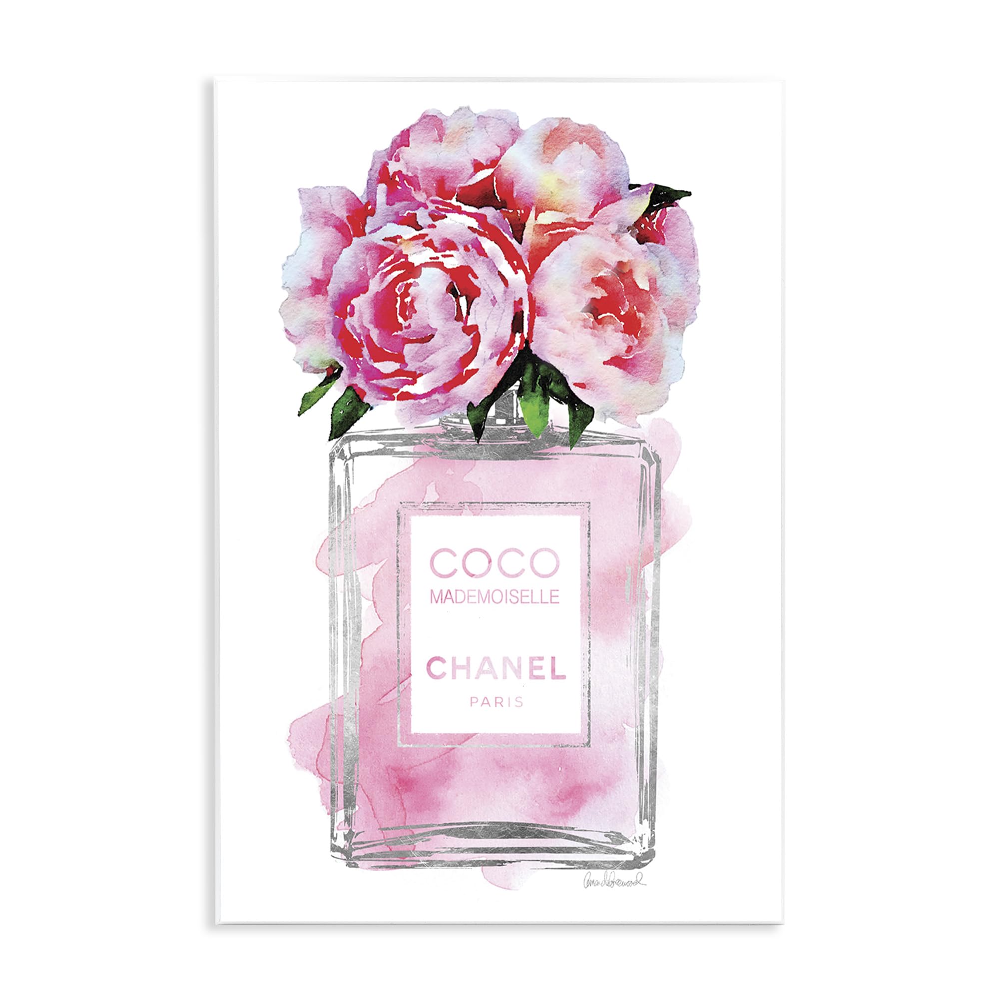 Stupell Industries Glam Perfume Bottle V2 Flower Silver Pink Peony Oversized Wall Plaque Art, Proudly Made in USA, 13 x 19