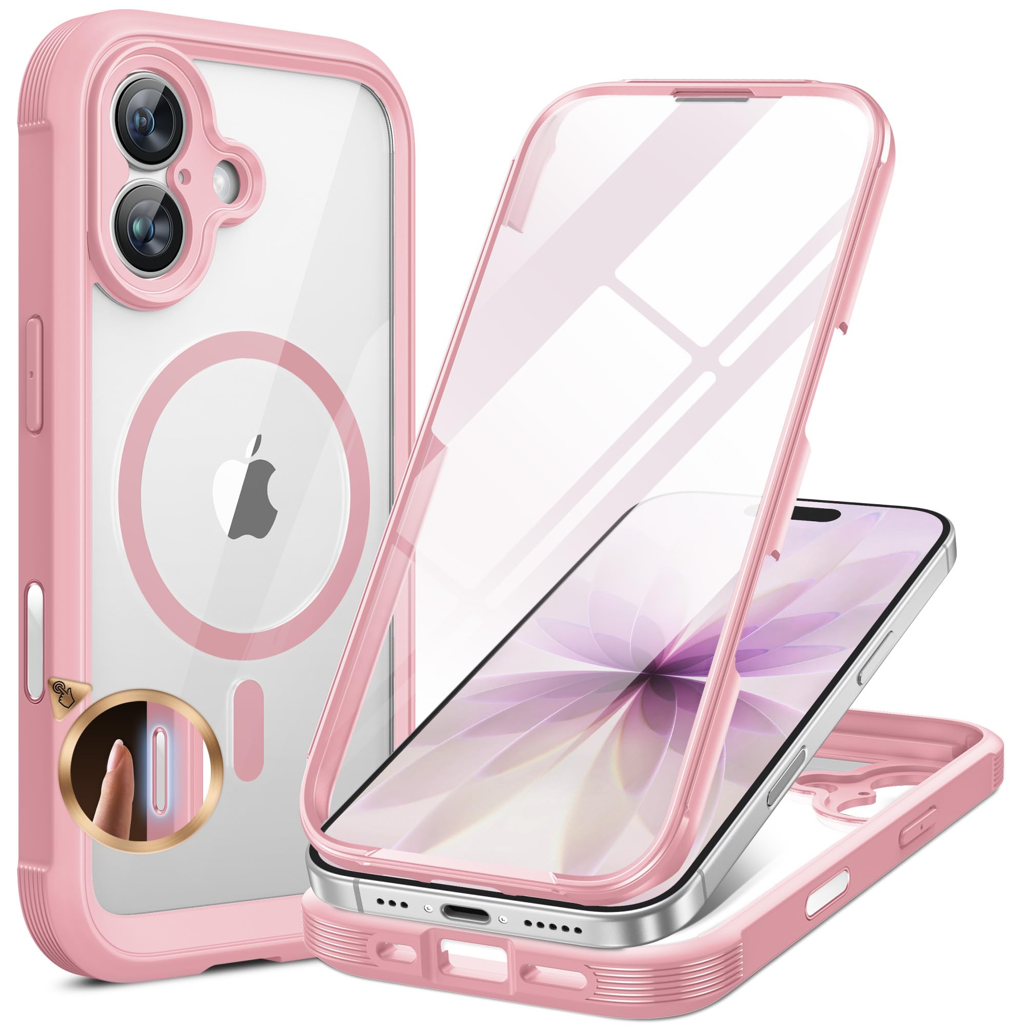 Photo 1 of Miracase for iPhone 17 Case 6.3'', Full-Body Military Grade Drop Protection Outdoor Phone case with Built-in Glass Screen &Camera Control,Easy Installation,No Gap,Compatible with MagSafe, Pink