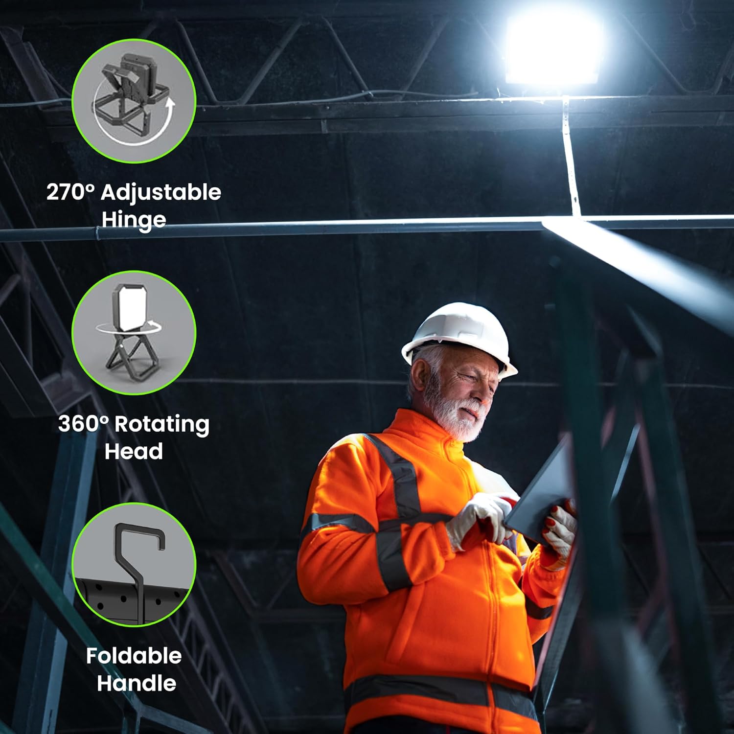 Infographic detailing bulb benefits and features: Long Lasting, CRI: 80, Cool White, No Flicker, Compatible Voltage, Life Hours: 25,000, USB Type-C, Lithium-Ion Battery 3000mAh.