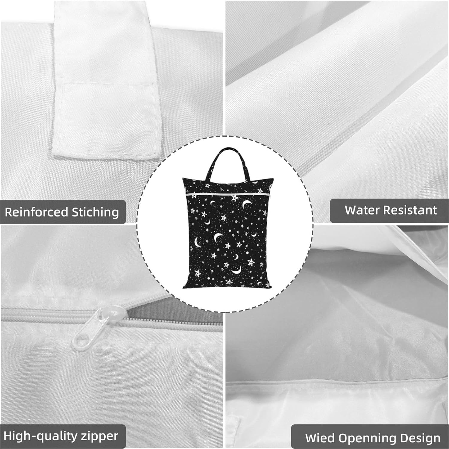Black Moon White Stars Travel Laundry Bags Cloth Diaper Wet Bags Handle Washable Dirty Clothes Bags Wet Dry Bag Suitcase Gym Swimming Pool College Dorm Wet Bag