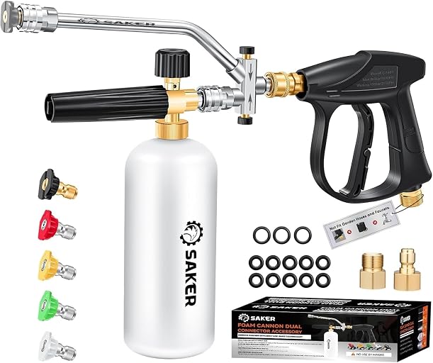 Saker Foam Cannon Dual Connector Accessory for Pressure Washer Kit | 4 In 1 Kit with Foam Cannon Dual Connector,Pressure Washer Gun for Car Washing and Cleaning,5 Power Washer Sprayer Nozzles