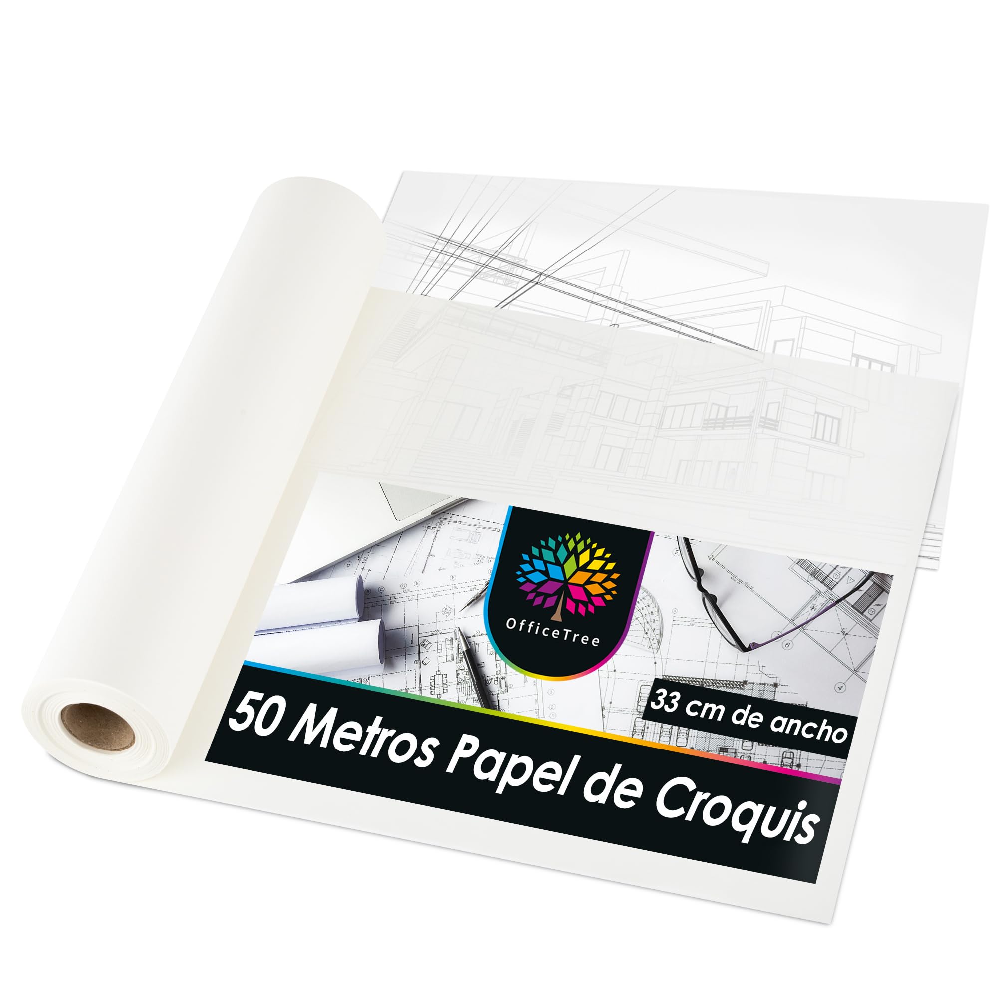 OfficeTree 50 m Rollo de Papel dibujo - Para dibujo 33 cm ancho - 40 g/qm² - Blanco - Rollo papel pintar - Papel de dibujo para dibujo técnico - Dibujos para calcar - Papel Vegetal