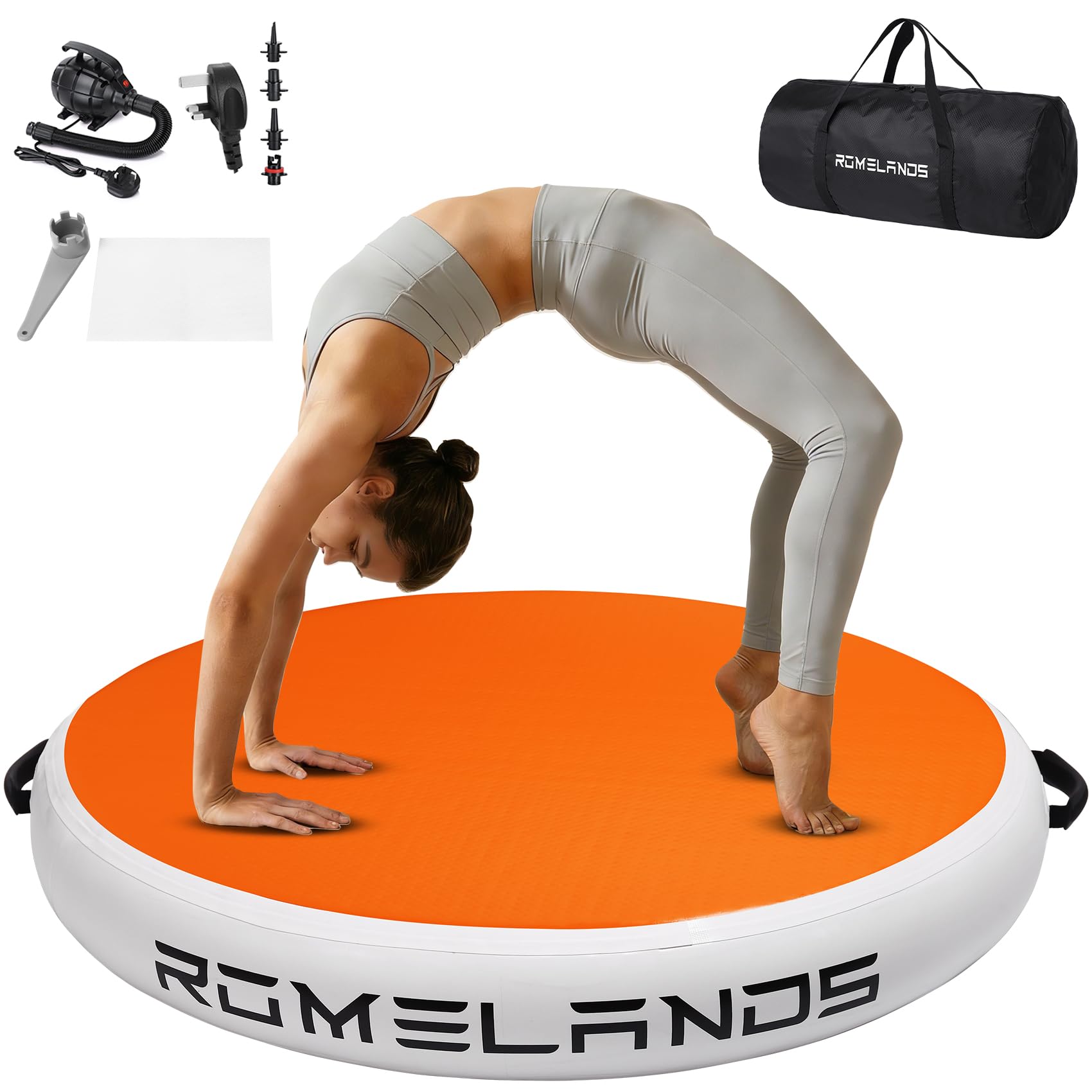 ROMELANDS 3.3FT Air Spot Gymnastics Mat, Inflatable Round Tumble Air Barrel with Electric Pump, Back Handspring Trainer for Yoga, Cheerleading & Home Gym