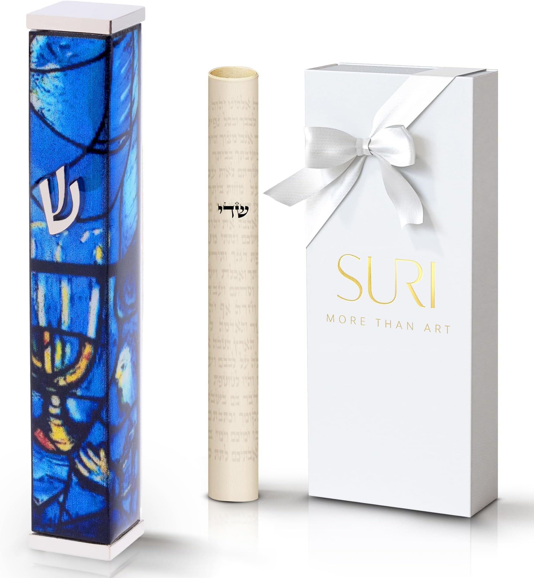 SURI Contemporary Mezuzah Cases | 4 Inch Modern Mezuzah for Door with Blue and Silver Marc Chagall Design | Made of Aluminum | Includes Self-Stick Back, Non-Kosher Scroll and Gift Box