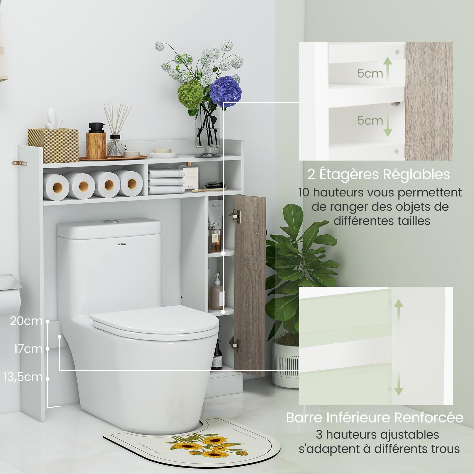 COSTWAY Meuble WC au-Dessus de Toilettes, Meuble de Salle de Bain avec 2 Compartiments et 1 Placard de Rangement avec Étagères Réglables, Dispositif Anti-basculement, 18 x 88 x 100 cm (Blanc)