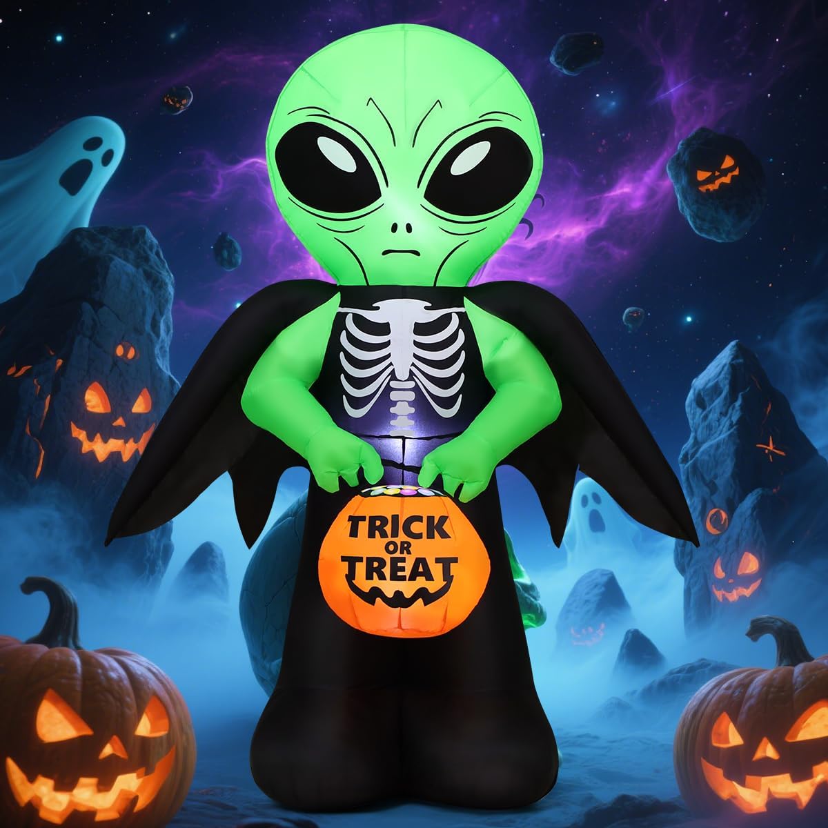COMIN 6 FT Halloween Inflatables Alien Carrying Candy Basket Outdoor Decorations Blow Up Yard with Built-in LEDs for Indoor Party Garden Lawn Decor