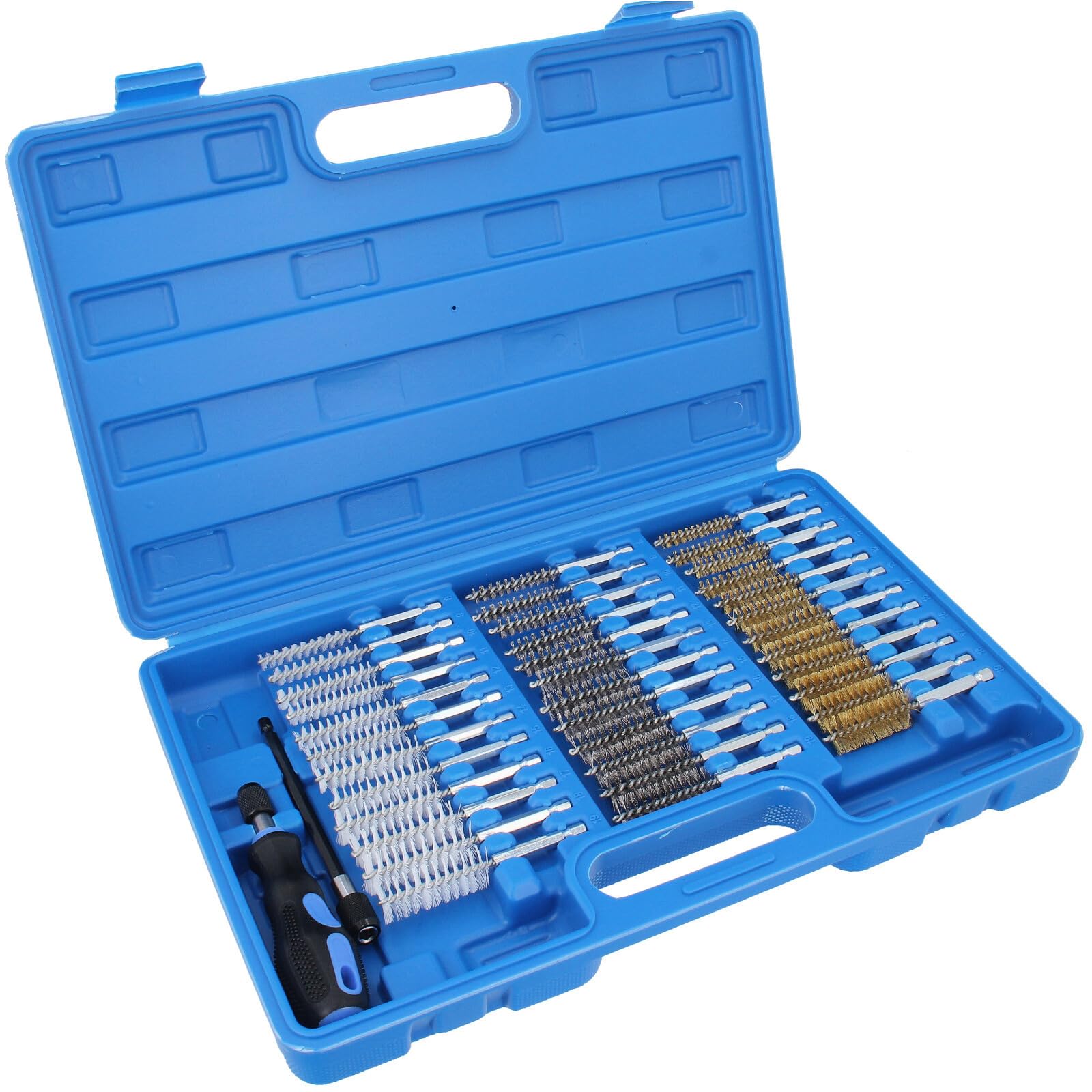 GEPCO 38-tlg. Rundbürsten Set | Nylon Stahl Messing Drahtbürsten | Reinigungsbürsten für Bohr- Akku- & Druckluftbohrer | Rohrreiniger | Bohrlochbürsten Entgraten Zylinder Rohre | 1/4" Schaft, Ø 8-19mm
