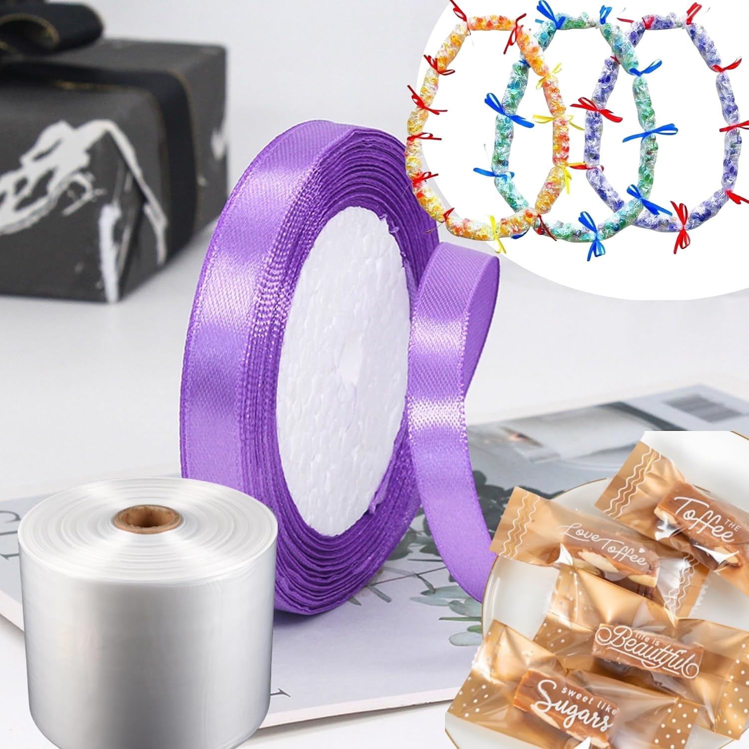 Graduation Candy Lei Making Kit Plastic Lei Bags for Party, 2 Inch x 164 Ft Poly Tubing and 6 Rolls Ribbon Graduation for DIY Graduation Wreaths Celebration Hawaiian Candy Lei Making Kit