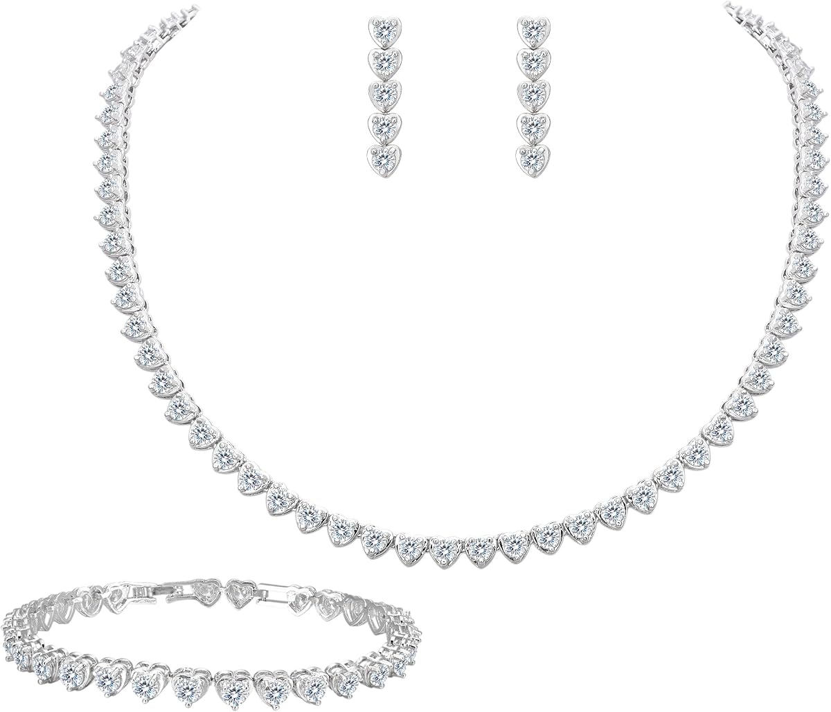 EleQueen Bridal Cubic Zirconia Love Heart Jewelry Set for Women, Wedding Tennis Bracelet Dangle Earrings Necklace for Bride Bridesmaid Clear Silver-Tone