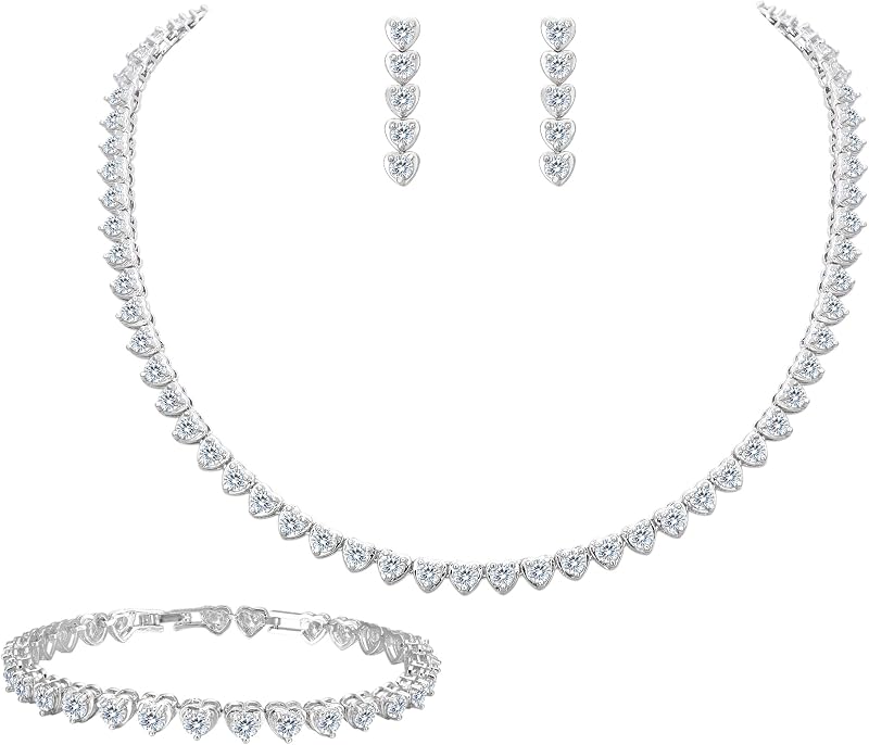 EleQueen Bridal Cubic Zirconia Love Heart Jewelry Set for Women, Wedding Tennis Bracelet Dangle Earrings Necklace for Bride Bridesmaid Clear Silver-Tone