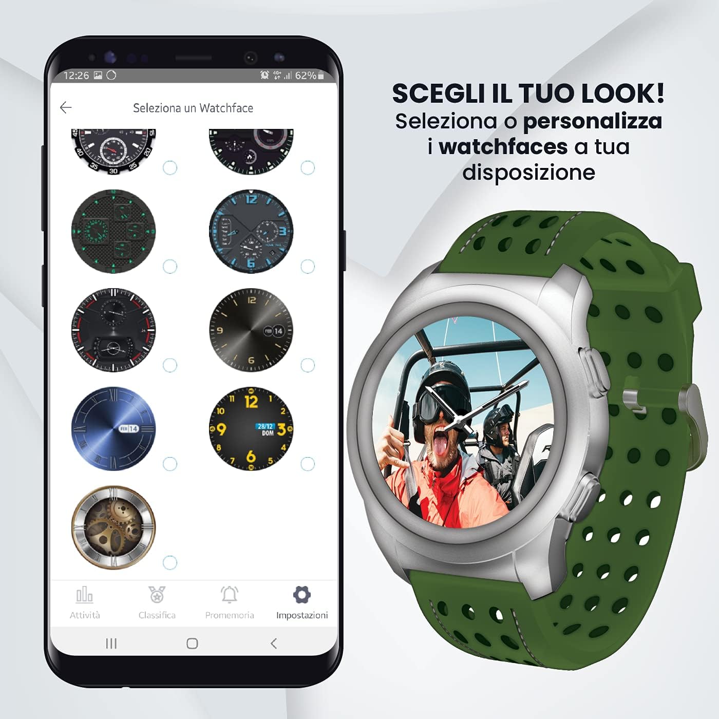 Smartphone screen showing various watch face options for the Techmade smartwatch