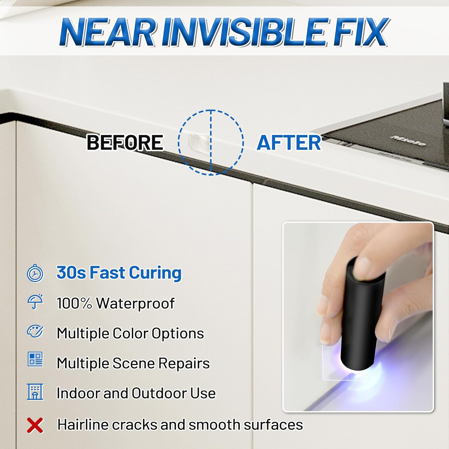 Quartz Countertop Repair Kit (Clear, White, Gray, Beige) 30s Fast Curing DIY Fix Luxury Stone, Granite Marble Acrylic Porcelain Fiberglass Quartz Countertop Chip Repair Kit for Cracks Holes Scratches - Image 7