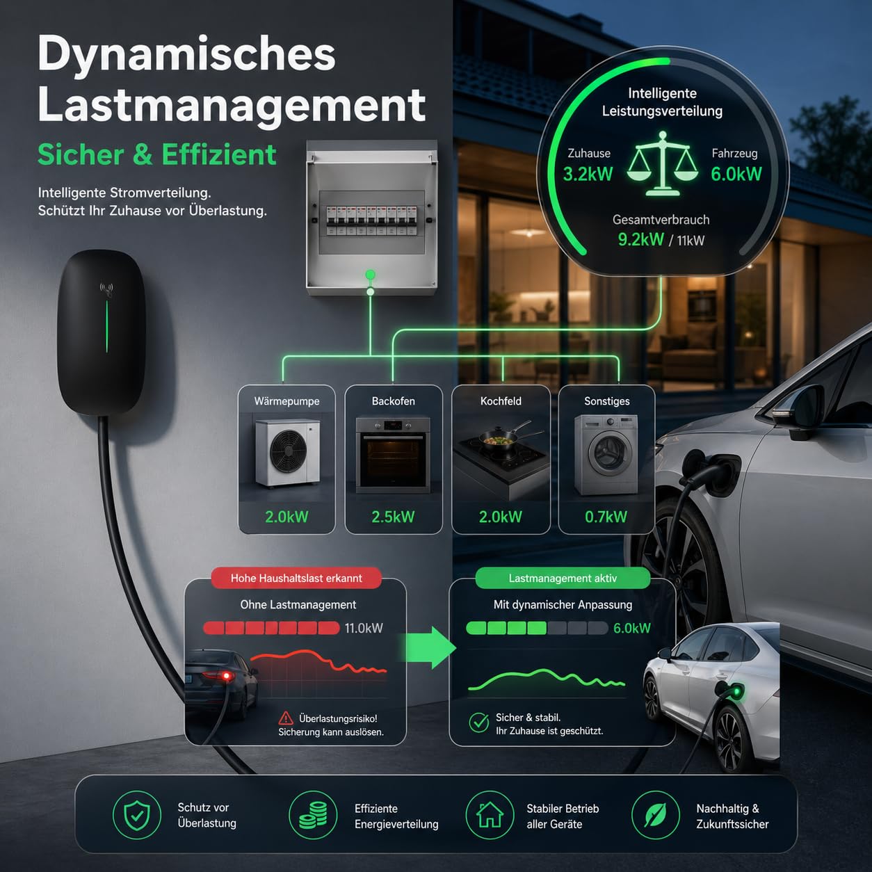 22 kW Wallbox Ladestation | Typ 2 Ladekabel 7m | WLAN, LAN & 4G | 6 mA DC-Fehlerstromschutz | App-Steuerung & 4 RFID-Karten | Schwarz | OCPP 1.6 & 2.0 | Lastmanagementfähig (11 kW(5m Kabel))