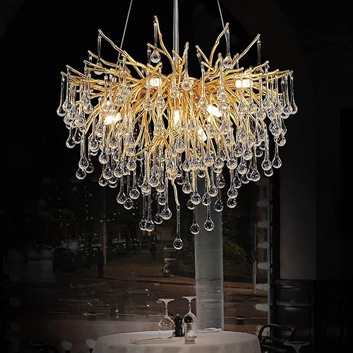 Lámpara de araña de cristal de gota de lluvia plateada de 31.5 pulgadas, lámpara colgante de techo de lujo para sala de estar, vestíbulo, decoración