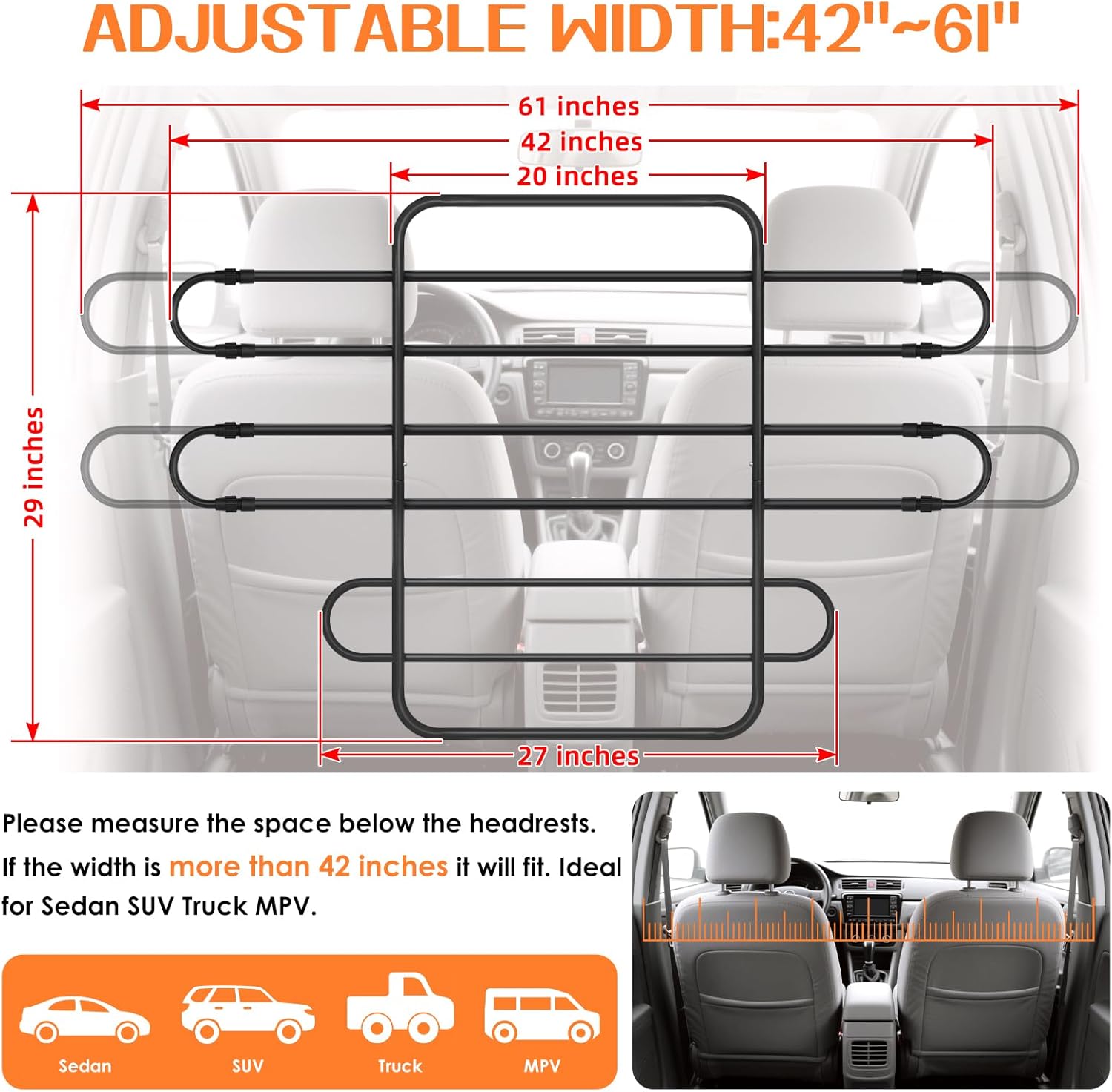 Dog Car Barrier, Adjustable Universal Vehicle Pet Barrier for Cars, Trucks, SUVs - Moves with Your Vehicle Seats, 42"–61" Width Adjustable SUV Dog Barrier for Back Seat