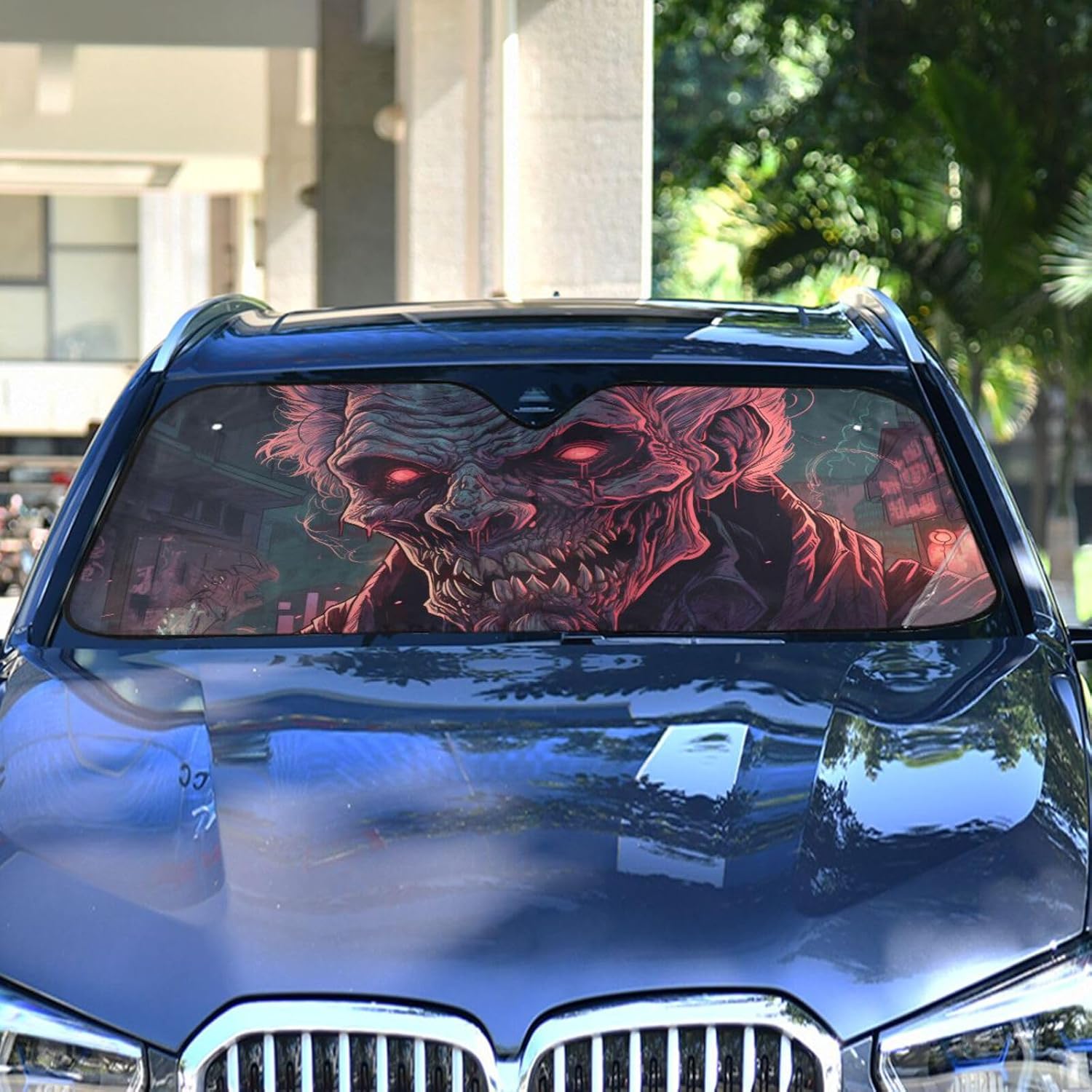 Car Windshield Sun Shade Aluminum foil Layer Reflective Sun Visor for SUV Sedan-Portrait Horror Monster Print Medium Size