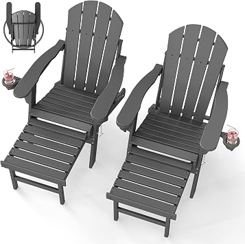 BRIOPAWS Adirondack-Chairs-with-Pull-Out-Footrest | Set of 2 | Folding | HDPE Plastic | Fire Pit Chair | All Weather | Cup Holders | Curved Back | Retractable Ottoman | for Poolside Deck | Grey