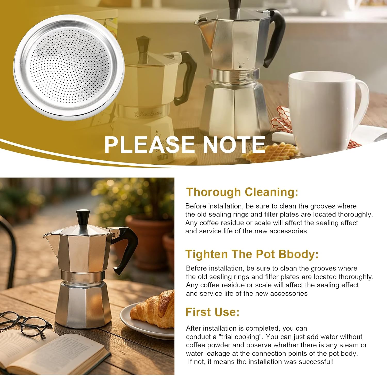 Moka Pot Spare Parts Replacement for Bialetti 3/4 Cups, Moka Pot 3 Cup Silicone Gasket and Food-grade Aluminum Filter Plate Compatible with Moka Express, Fiammetta Moka Pots, 6 Pcs Gasket and 2 Plate.