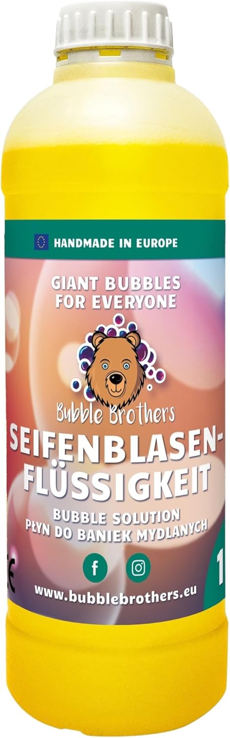 Bubble Brothers Płyn do baniek mydlanych 1 litr – kanister uzupełniający do ogromnych baniek mydlanych i baniek mydlanych, gotowy do użycia – dla dzieci i dorosłych, na urodziny, imprezę i na świeżym