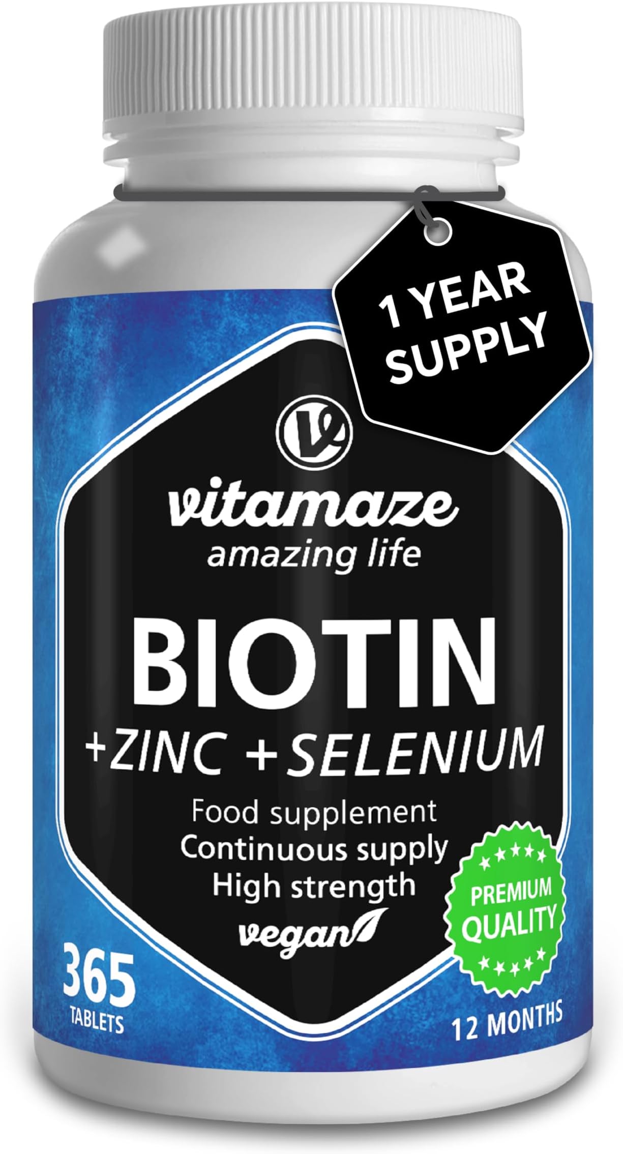 – Biotin Hair Growth 10,000 mcg (365 Days of Supply) with Selenium + Zinc. Vitamins for Hair Growth, Skin and Nails Nourishment, D-Biotin with No Additives, Vitamaze®