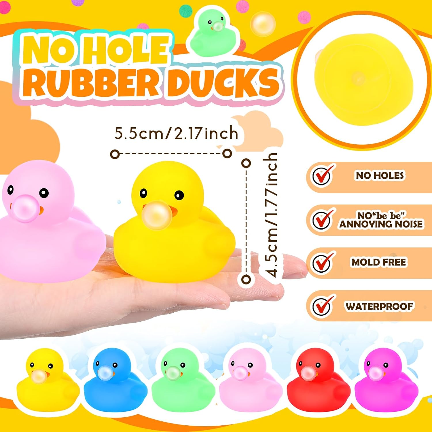 Lenwen 100 Pcs Colorful Rubber Ducks 2.2 Inch Blow Bubbles Duck Bath Toy with Sealed Plug No Hole Waterproof Relieve Stress Fidget Bathtub Toy for Pool Summer Beach Birthday Party Favor Gift