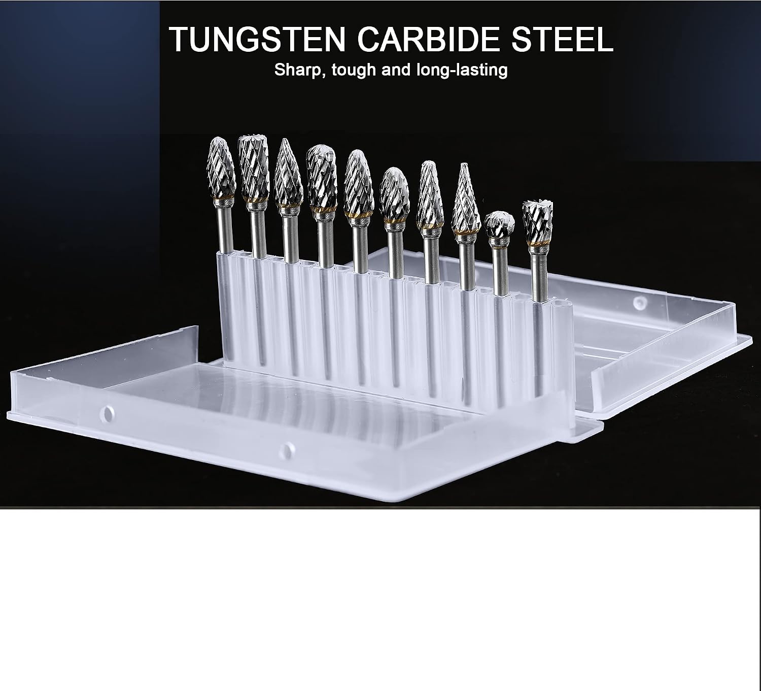 PlusRoc Double Cut Tungsten Carbide Rotary Burr Set, 10 Pcs 1/8" Shank 1/4" Head Carbide Burrs for Woodworking Deburring Sanding Shaping Engraving