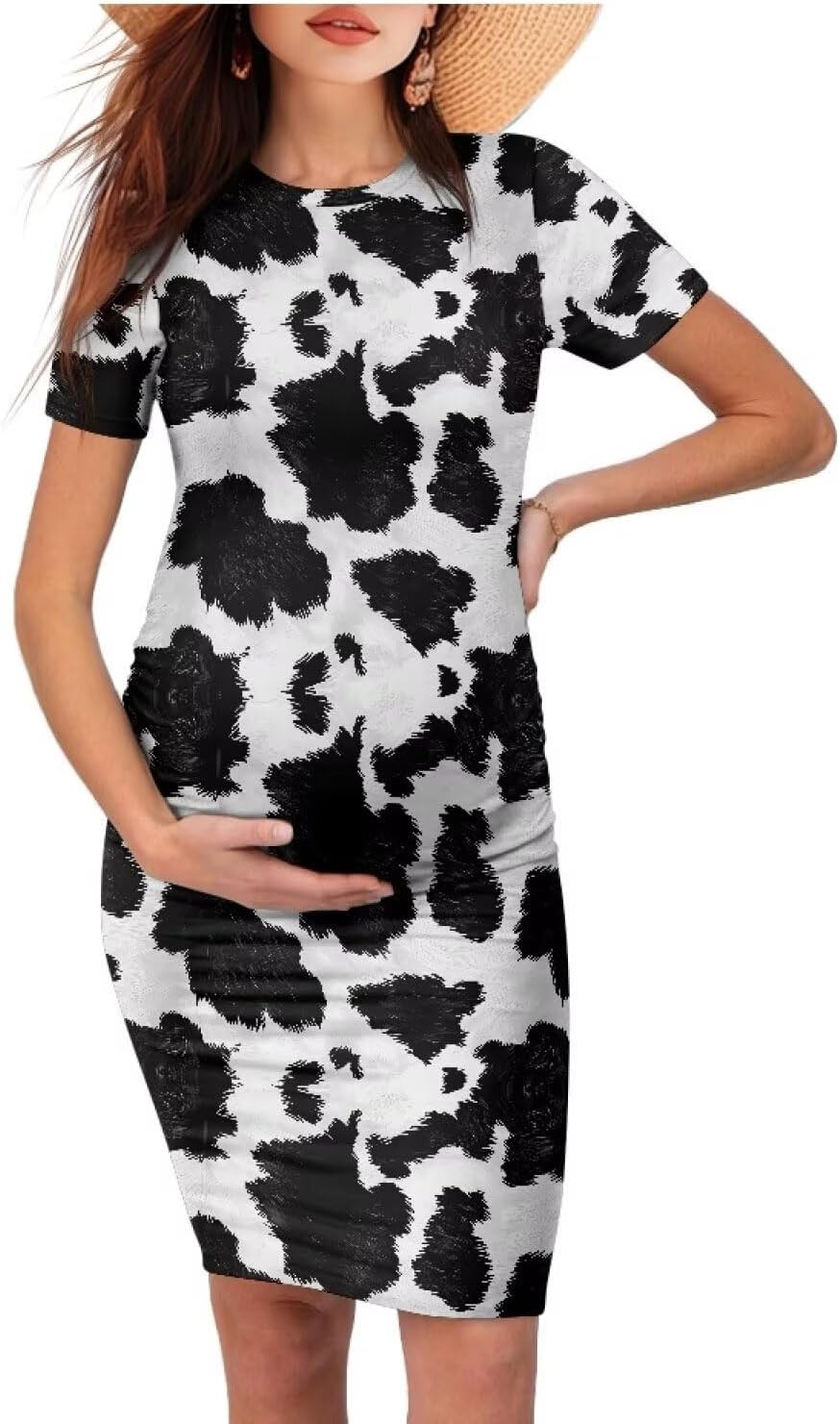Short Sleeve Maternity Dress Midi Length Casual Lounge Pregnancy Dress Stretch Shirred Maternity Nursing Dress