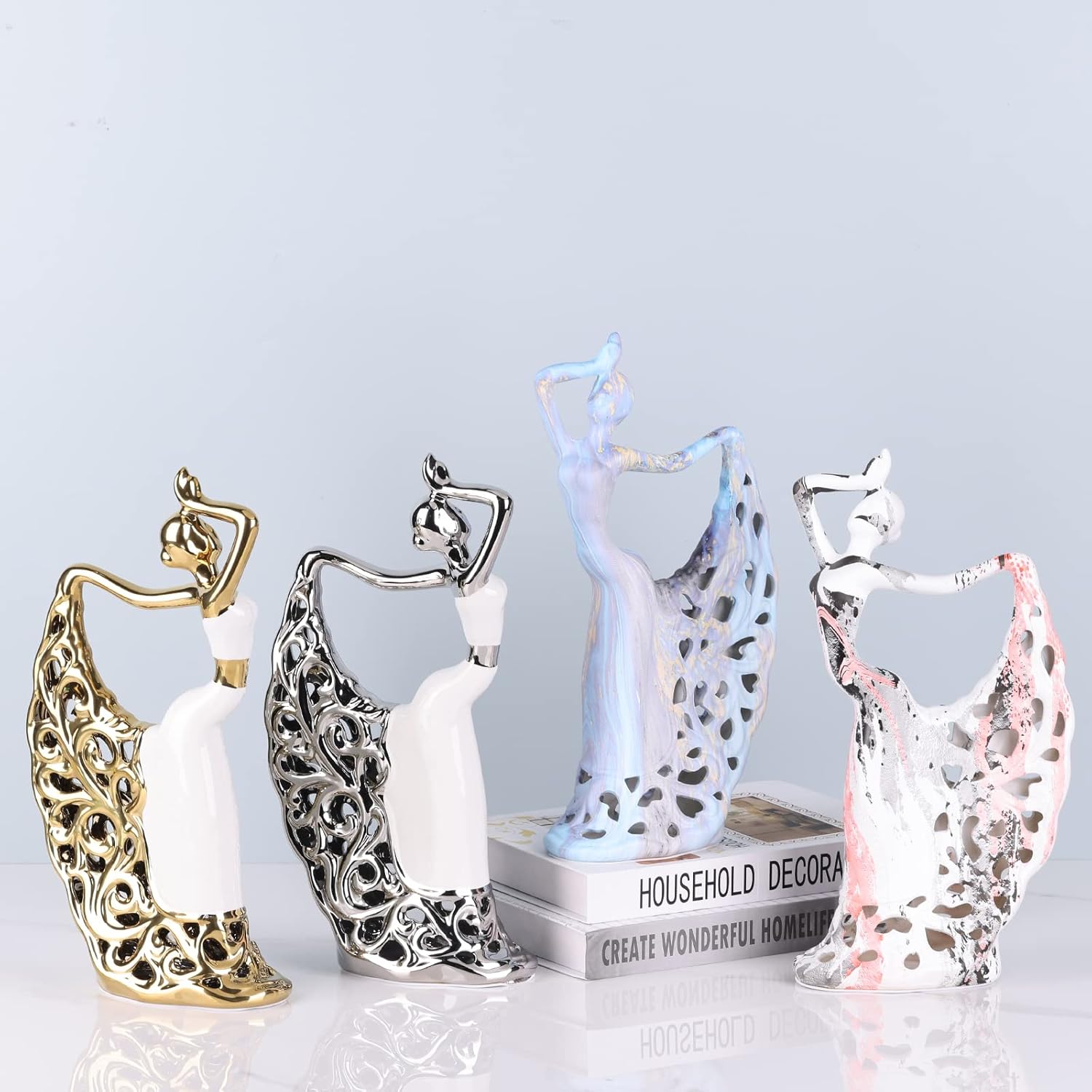 DOVDOV Abstract Ceramic Peacock Dancer Statue, Female Ballerina Decoration, Gold and Silver Home Decor Trinkets for Dance Studio Living Room TV Cabinet Console Dresser Entryway Countertop Decoration