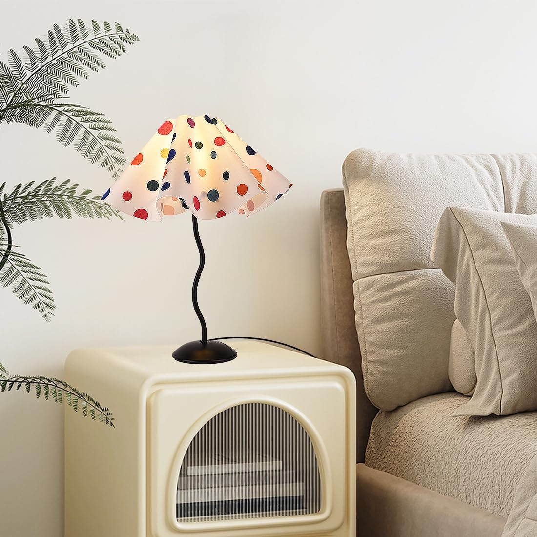 Colorful Dots Scalloped Table Lamp Modern Mini Pleated Linen Desk Lamp with Fabric Shade Small Pleated Table Lamp Modern Desk Light for Living Room, Kids Room, Home, Office