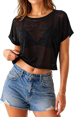 Womens Sheer Mesh Crop Top See Through Short Sleeve Casual Loose Fit Summer Tee Shirt