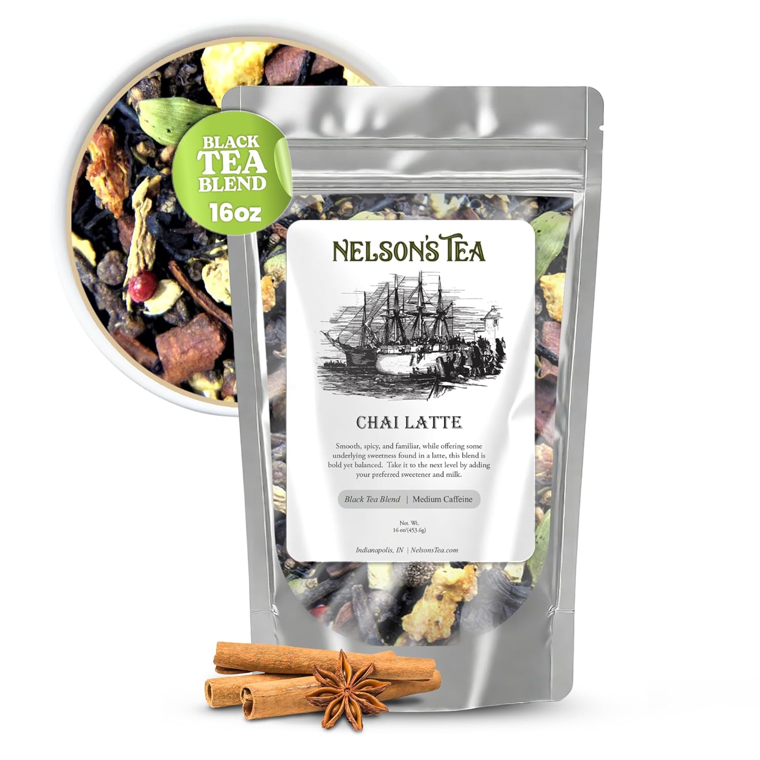 Nelson's Tea Chai Latte - Full-Bodied Black Tea with All-Natural Flavoring - with Spicy Chai blend with Cinnamon Chips, Peppercorns, Ginger Root, Cloves, Orange Peel - Underlying Sweetness - 1lb