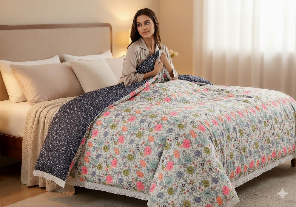 Reversible Duvet Cover with Lace Trim, Multicolour Floral Pattern, Cotton, Single Size, Rectangular-image-40
